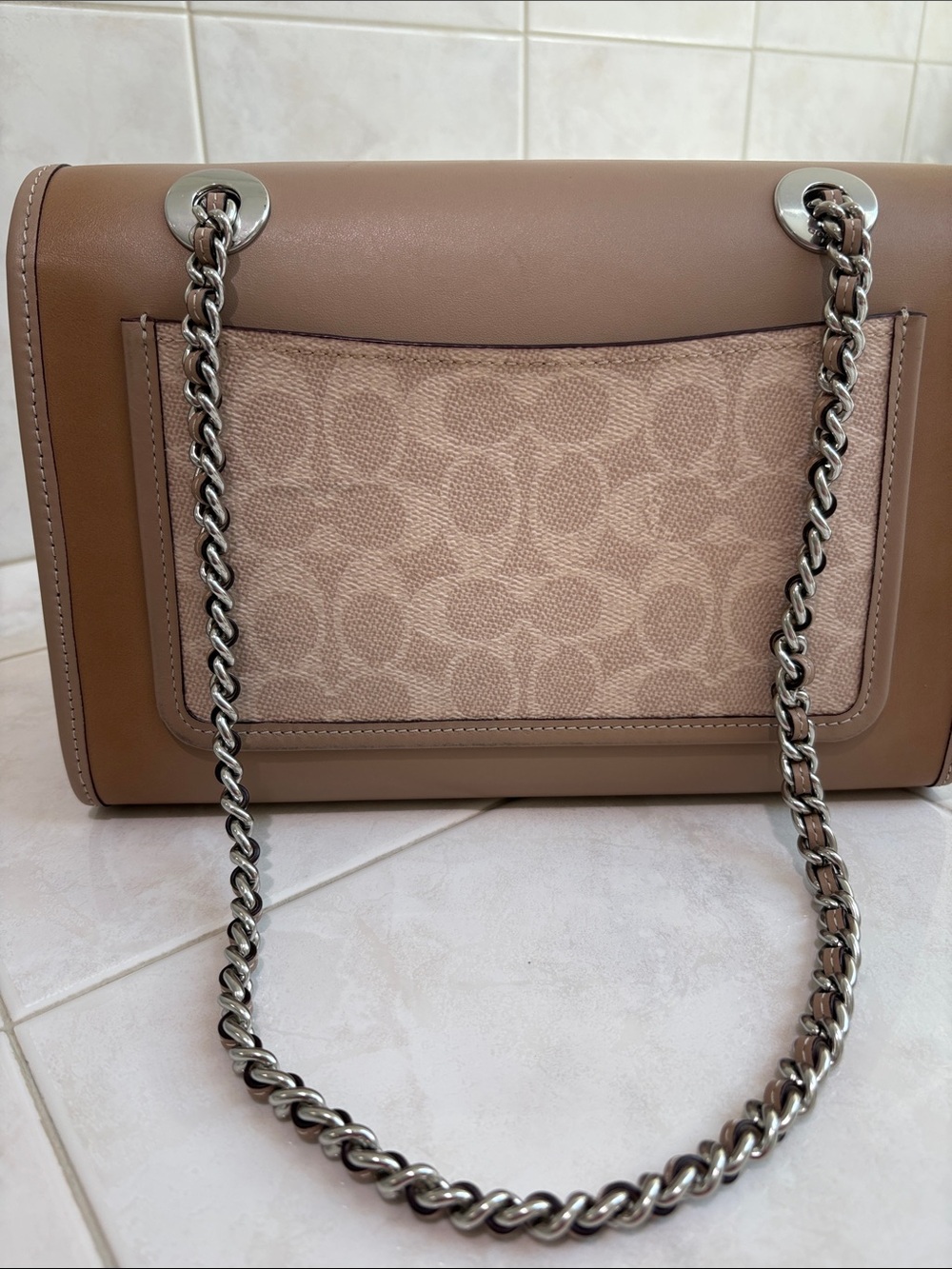 Coach Parker Shoulder Bag in Signature Logo, Calf Leather, and Silver Chain - Picture 5 of 13